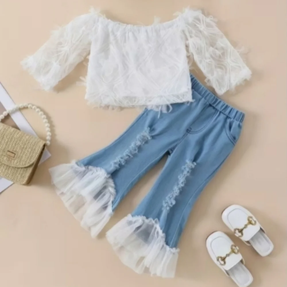 White Lace Off-Shoulder Top & Light Blue Ruffle Hem Jeans Toddler Girls Kids Set